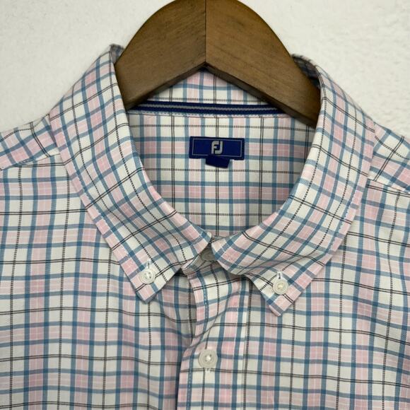 Footjoy Shirt Men's XL Pink Blue Check Performance Casual Golf Flex Preppy Golf - Picture 1 of 11